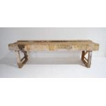 A large industrial wooden workbench with two Record No. 52 vices attached - length 306cm, depth