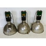 A set of three industrial aluminium ceiling pendants with bulbs and fittings (named Thorn) - from