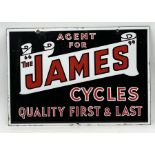 A double sided enamel sign for James Cycles, "Agent for the James Cycles quality first & last"- 44cm