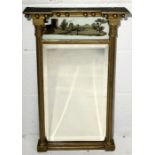 A Georgian gilt mirror with reverse painted panel to top showing a maritime scene 68cm x 35cm