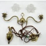 A Victorian brass rise and fall centre light fitting with Vaseline glass shades