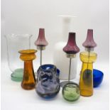 A collection of vintage art glass including Whitefriars, a white Gulvase (37cm) etc