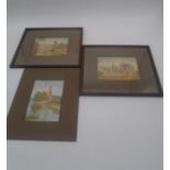 Three watercolours (two framed) depicting a church, a ruin and a castle in Warwickshire. Signed F