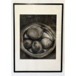 A large charcoal piece by Famie Fairnie showing fruit in a bowl, signed and dated 2001 to lower