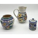 Three pieces of Poole Pottery including vase by Hilda Hampton, smaller jam pot and larger modern