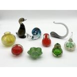 A collection of various glass including Whitefriars Dilly Duck, Mdina vase, paperweights etc.