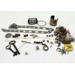A collection of costume jewellery etc. including 0.8g scrap 9ct gold, Kenneth J Lane belt etc.