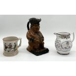 A large 19th century stoneware Toby jug with glazed finish holding a jug in one hand and a pipe in