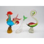 A Murano glass cockerel along with a glass swan and a bottle in the form of a koi carp