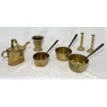 A collection of brass etc. including mortar, pans, watering can etc.