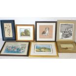 A collection of mostly framed prints including a pencil and ink by Elizabeth Best, a print of a