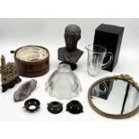 A collection of various items including small gilt mirror, Holophane style lampshade, shirt