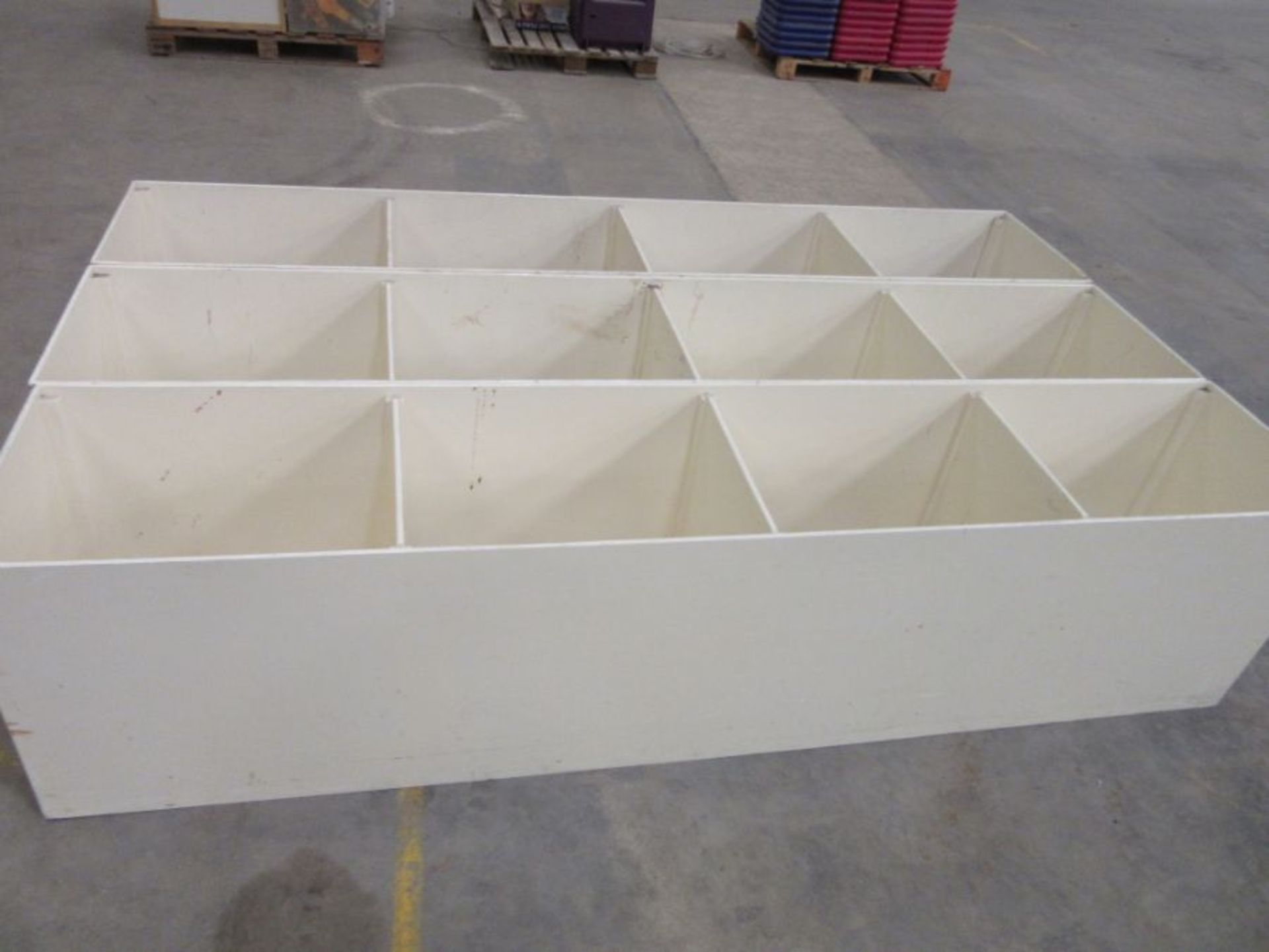 Three industrial painted shelving units