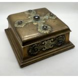 A Victorian Gothic brass jewellery box with Pietra Dura roundels (some A/F)