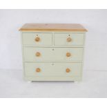 A Victorian part painted pine chest of four drawers, raised on ceramic bun feet - length 90cm, depth