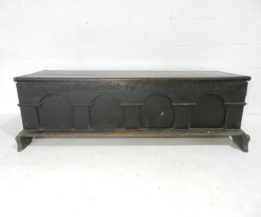 A German marriage coffer with Gothic style writing to arched front, dated 1840. one leg A/F - Image 2 of 10