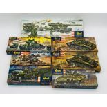 A collection of seven vintage boxed Revell authentic model kits relating to army vehicles