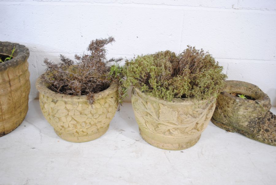 A pair of weathered reconstituted stone garden pots, along with two others etc. - Image 3 of 4
