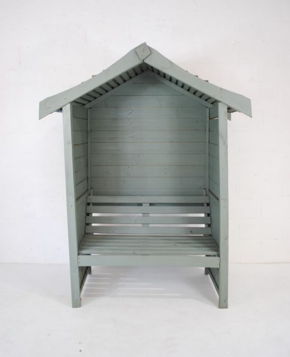 A wooden painted two seater garden arbour in sage green - length 160cm, depth 75cm, height 204cm