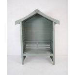 A wooden painted two seater garden arbour in sage green - length 160cm, depth 75cm, height 204cm