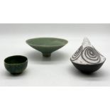 Three studio pottery pieces comprising of Bridget Drakeford bowl on narrow base, conical Raku