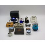 A collection of small boxes including Mauchline ware and oriental, plus paperweights including