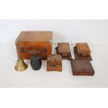 A quantity of various wooden boxes along with a vintage Velos tobacco barrel and a brass hand bell