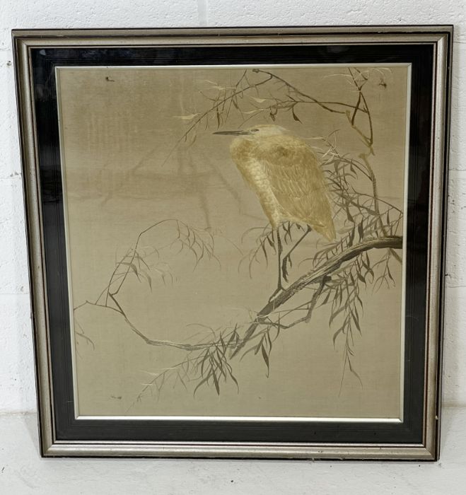 A large Oriental embroidered picture of a Heron.
