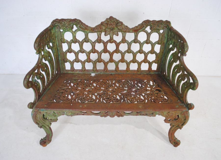 A Victorian weathered cast iron bench with ornate detailing - length 110cm - Image 2 of 7
