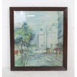 An oak framed print of a Parisian scene with indistinct signature - 64cm x 72cm