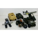 A collection of six large toy army vehicles including a Cherilea Toy German Army motorbike with