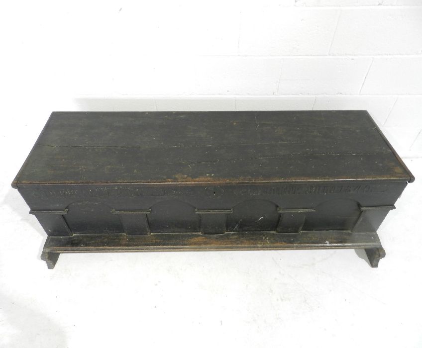 A German marriage coffer with Gothic style writing to arched front, dated 1840. one leg A/F - Image 3 of 10