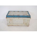 An antique painted carpenters trunk with various inner trays - length 87cm, depth 48cm, height 49cm