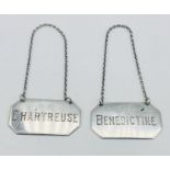 Two unmarked silver bottle labels for Chartreuse and Benedictine