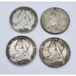 Four Victorian crowns dated 1889, 1895, 1896 and 1899