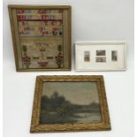 An antique framed oil painting with indistinct signature depicting a rural scene along with four