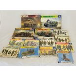 A collection of boxed Italeri army plastic construction kits and figures including a Dodge WC-54