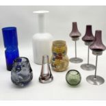 A collection of art glass including Whitefriars knobbly vase, a large Otto Brauer white Gulvase (