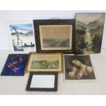 An assortment of vintage art including oils, watercolour, prints etc. Lot also includes a wooden