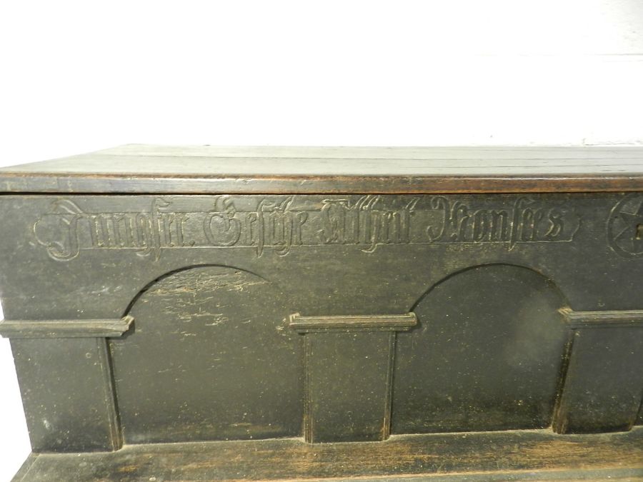 A German marriage coffer with Gothic style writing to arched front, dated 1840. one leg A/F - Image 6 of 10