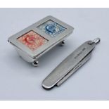 An SCM stamp box along with a hallmarked silver fruit knife with silver handle and blade
