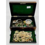 A collection of vintage costume jewellery and 18ct gold ring in leather jewellery box