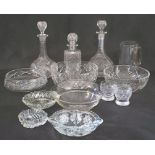 A selection of cut glass including three decanters etc