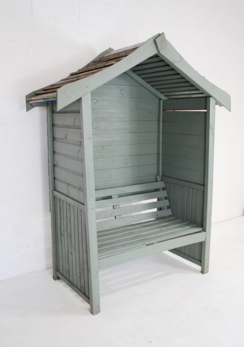 A wooden painted two seater garden arbour in sage green - length 160cm, depth 75cm, height 204cm - Image 2 of 6