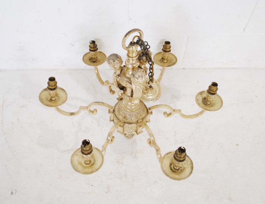 A vintage six branch hanging centre light pendant with cherub decoration - Image 2 of 5