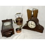 An collection of items including mantle clock, copper kettle, vintage mirror etc.