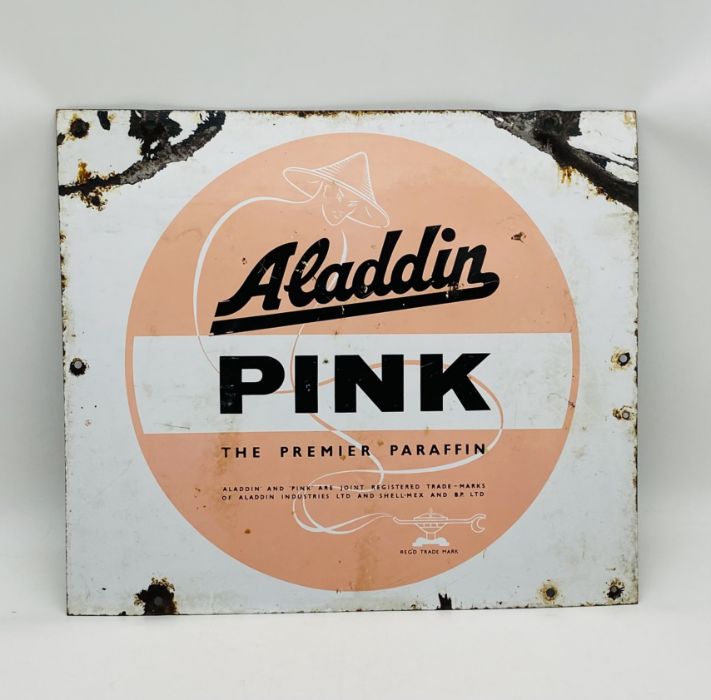 A vintage Aladdin Pink The Premier Paraffin enamelled sign - height 42cm, width 48cm