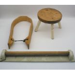 Three vintage items to include a cattle yoke, a wooden stool and a kitchen rail.