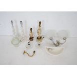 A quantity of lamps and light fittings including two onyx lamp bases