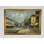 A framed large oil painting on canvas of Parisian street scene, signed by artist Caroline